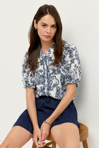 SHORT SLEEVE WESTERN SHIRRED YOKE BLOUSE - Johnny Was Trending