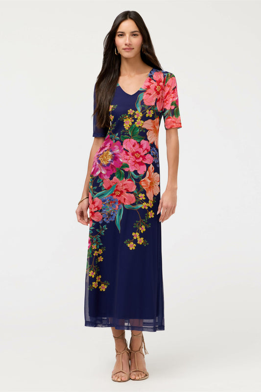 ELBOW SLEEVE V-NECK MESH MIDI DRESS - Johnny Was Exclusive