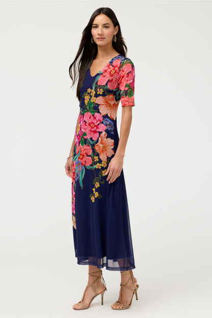 ELBOW SLEEVE V-NECK MESH MIDI DRESS - Johnny Was Exclusive