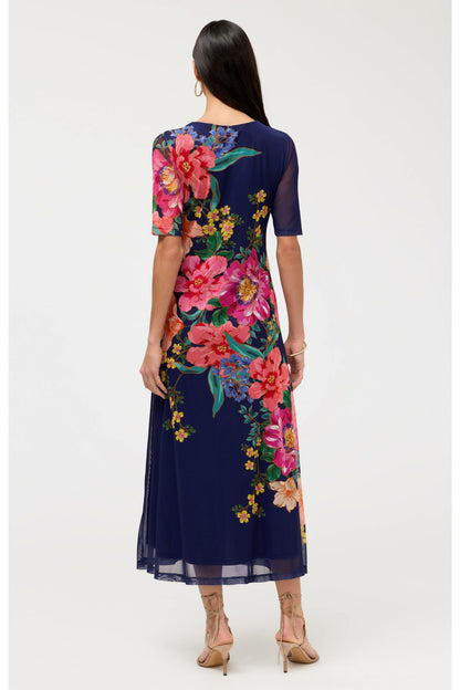 ELBOW SLEEVE V-NECK MESH MIDI DRESS - Johnny Was Exclusive