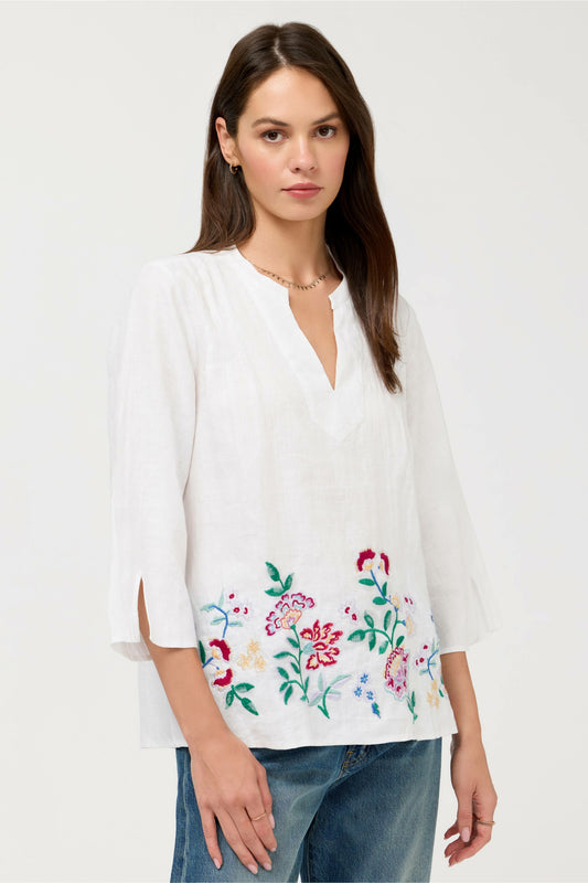 SLOANE V-NECK LINEN BLOUSE - Johnny Was Signature