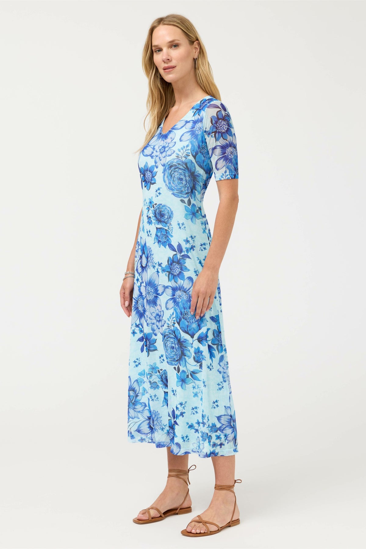 ELBOW SLEEVE V-NECK MESH MIDI DRESS - Johnny Was Signature