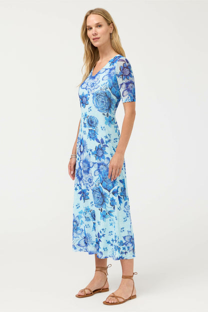 ELBOW SLEEVE V-NECK MESH MIDI DRESS - Johnny Was Signature