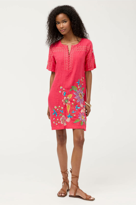 SEAMED BUTTON NECK LINEN DRESS - Johnny Was Signature