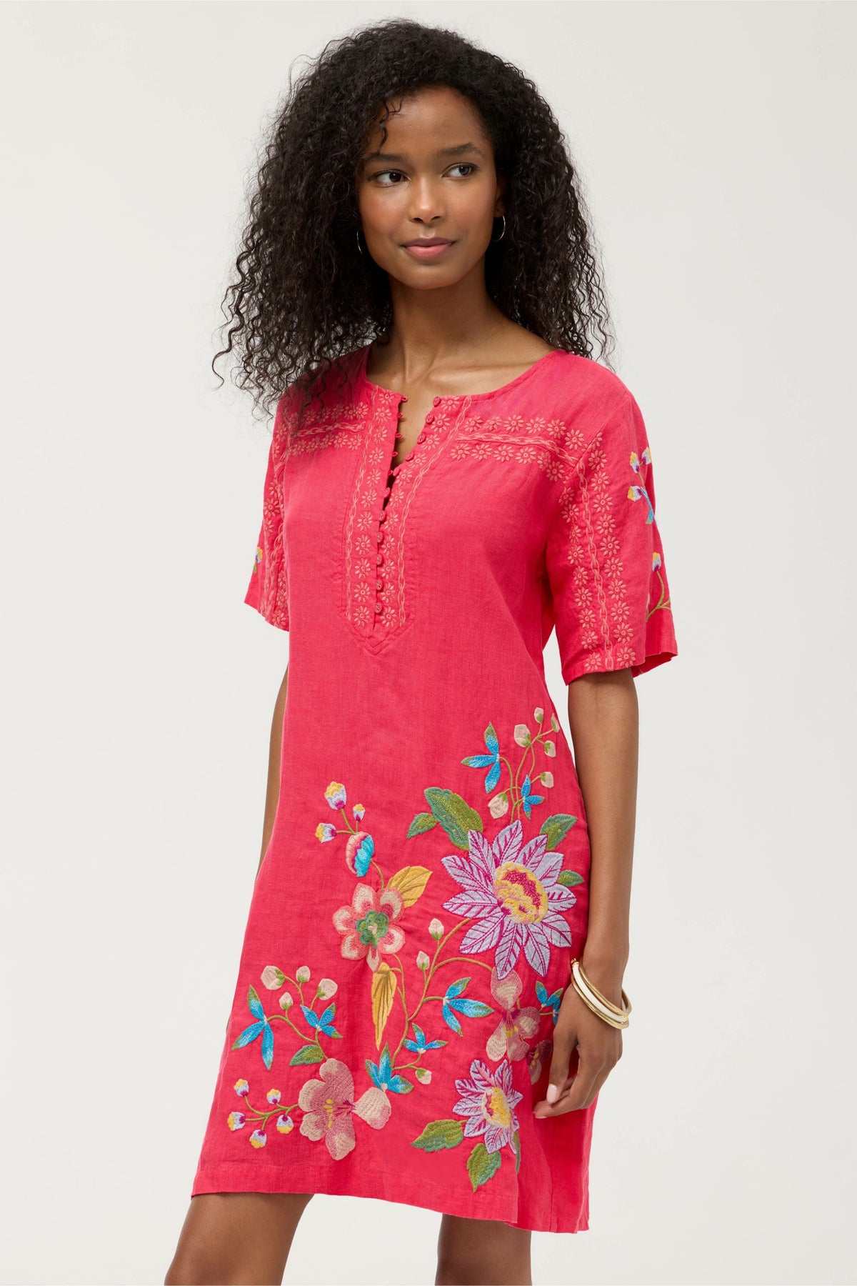 SEAMED BUTTON NECK LINEN DRESS - Johnny Was Signature