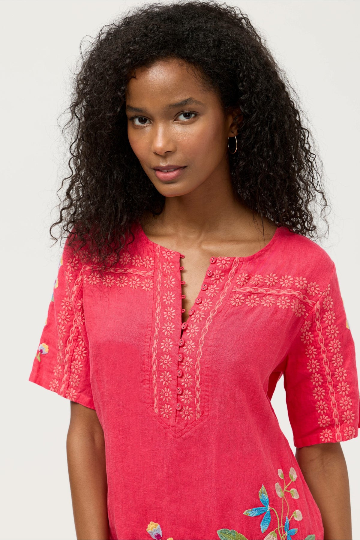 SEAMED BUTTON NECK LINEN DRESS - Johnny Was Signature