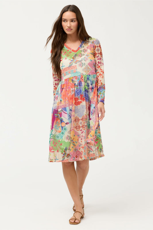 LONG SLEEVE V-NECK MESH SINGLE TIER DRESS - Johnny Was Signature