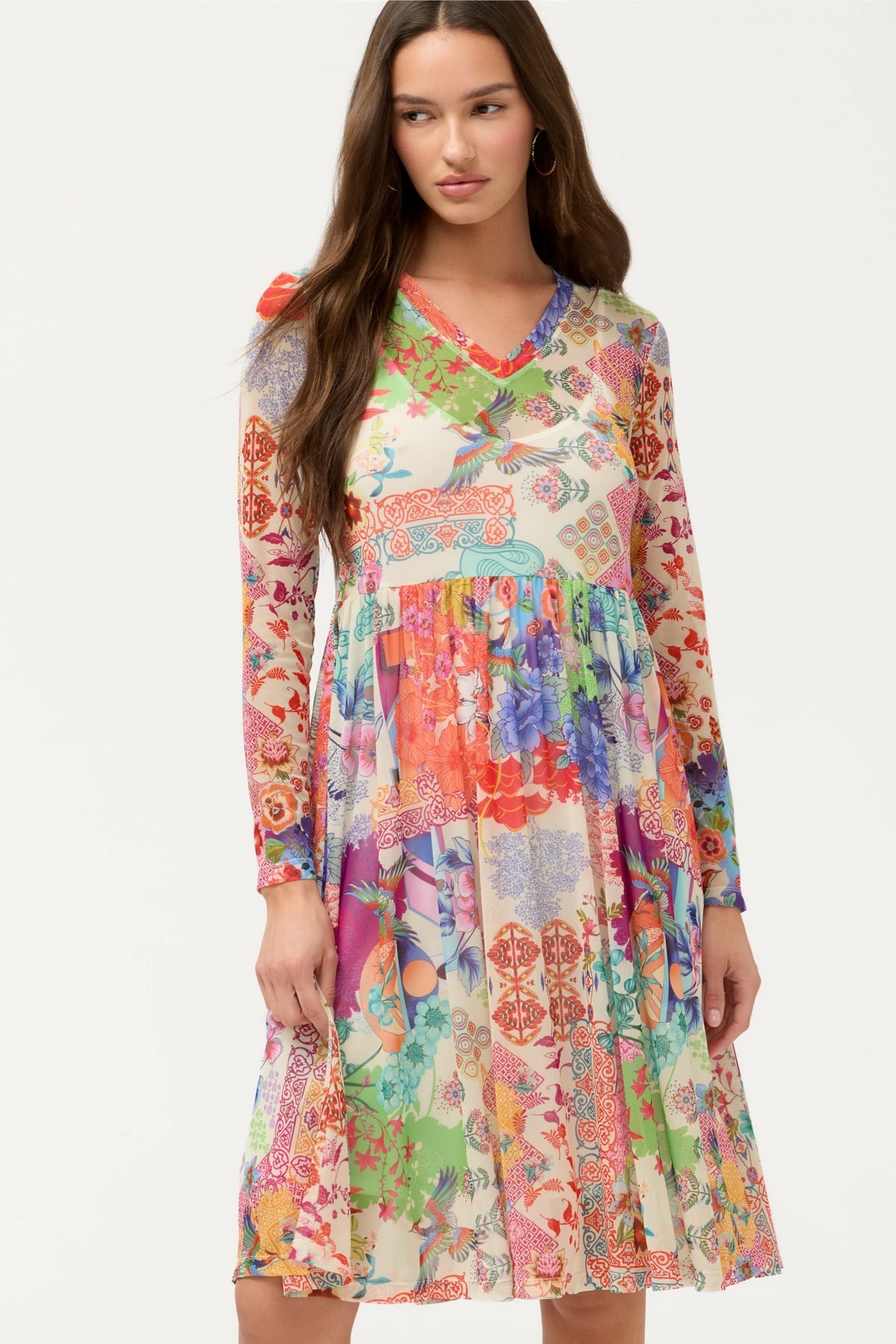LONG SLEEVE V-NECK MESH SINGLE TIER DRESS - Johnny Was Signature