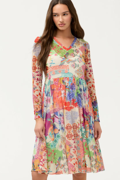 LONG SLEEVE V-NECK MESH SINGLE TIER DRESS - Johnny Was Signature