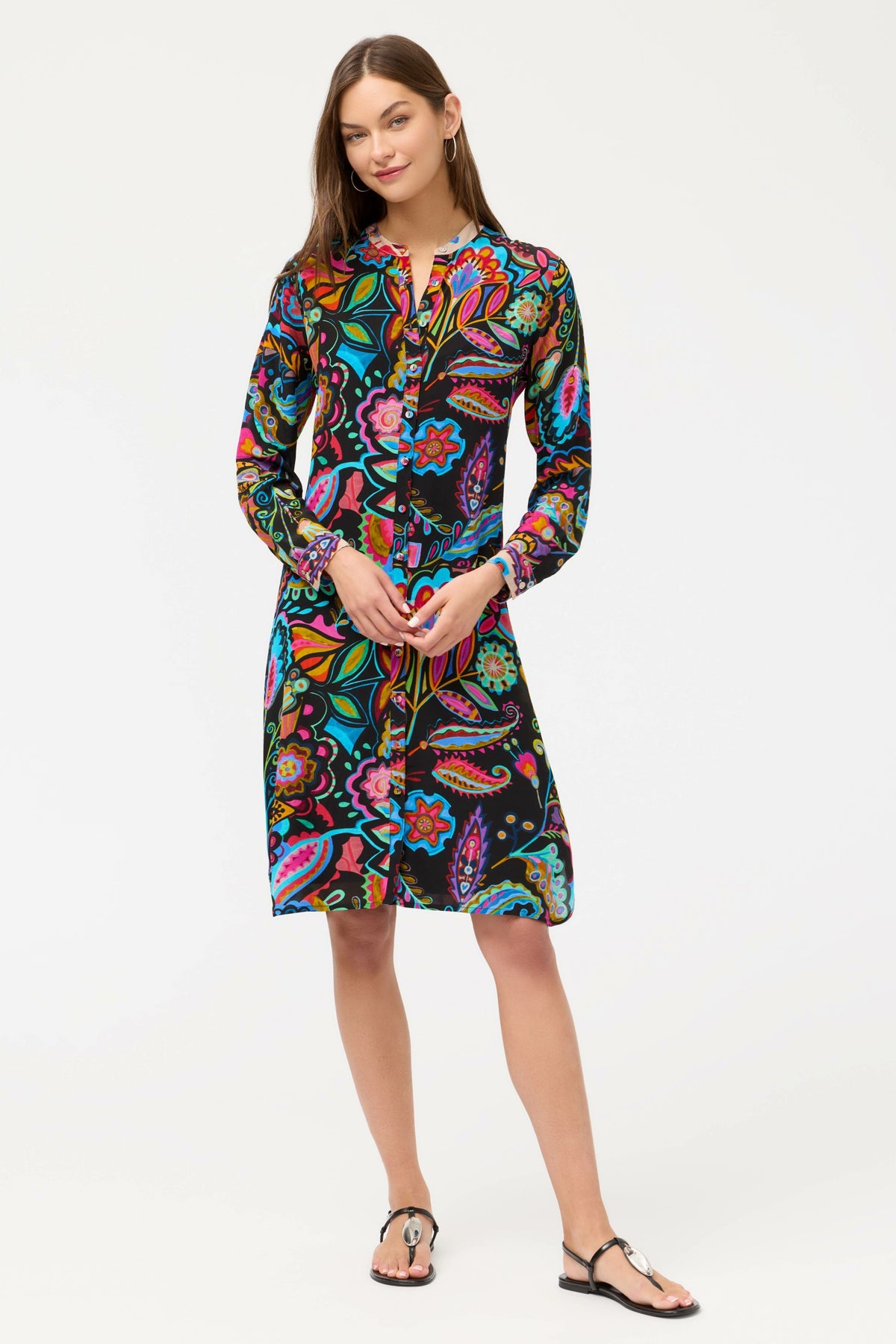 MANDARIN COLLAR SHIRT DRESS - Johnny Was Featured