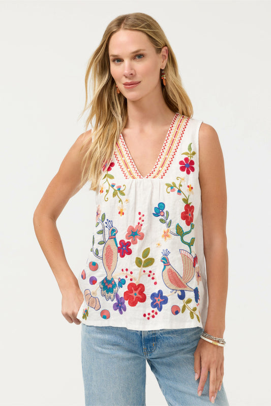 V-NECK SHIRRED LINEN TANK - Johnny Was Exclusive