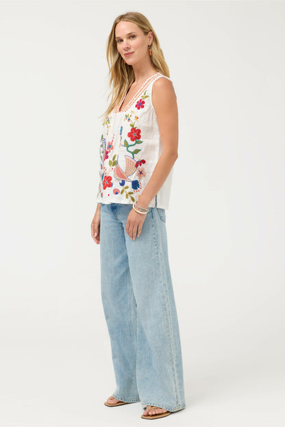 V-NECK SHIRRED LINEN TANK - Johnny Was Exclusive