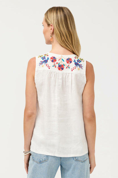 V-NECK SHIRRED LINEN TANK - Johnny Was Exclusive