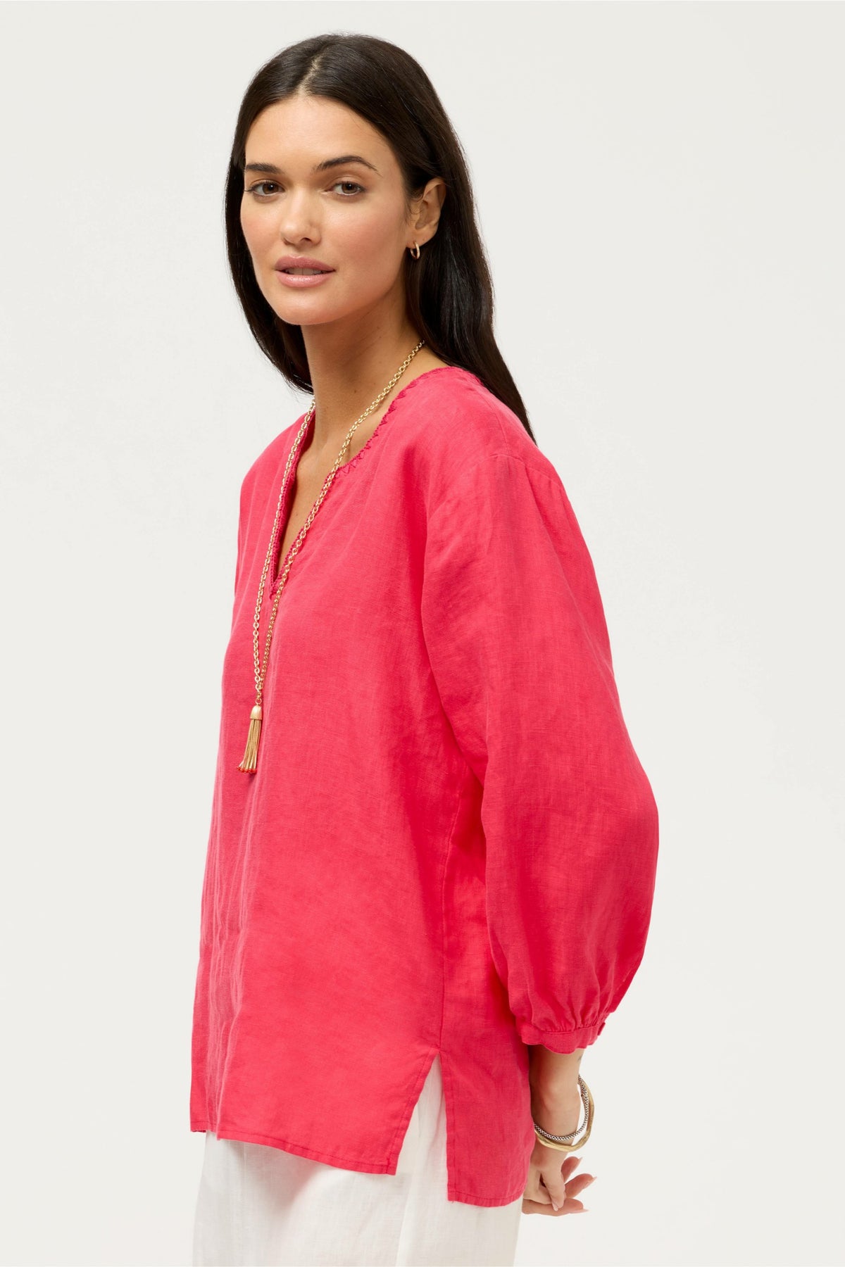 SPLIT NECK LINEN BLOUSE - Johnny Was Signature