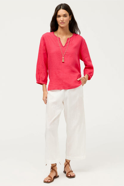 SPLIT NECK LINEN BLOUSE - Johnny Was Signature