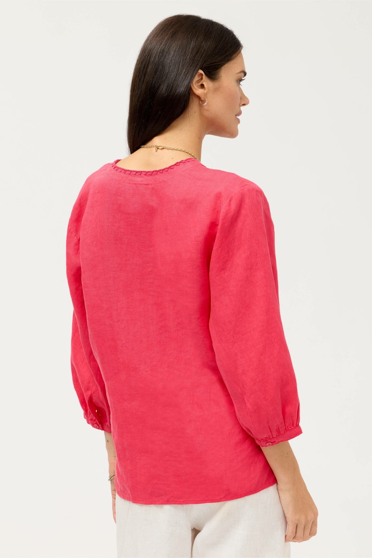 SPLIT NECK LINEN BLOUSE - Johnny Was Signature