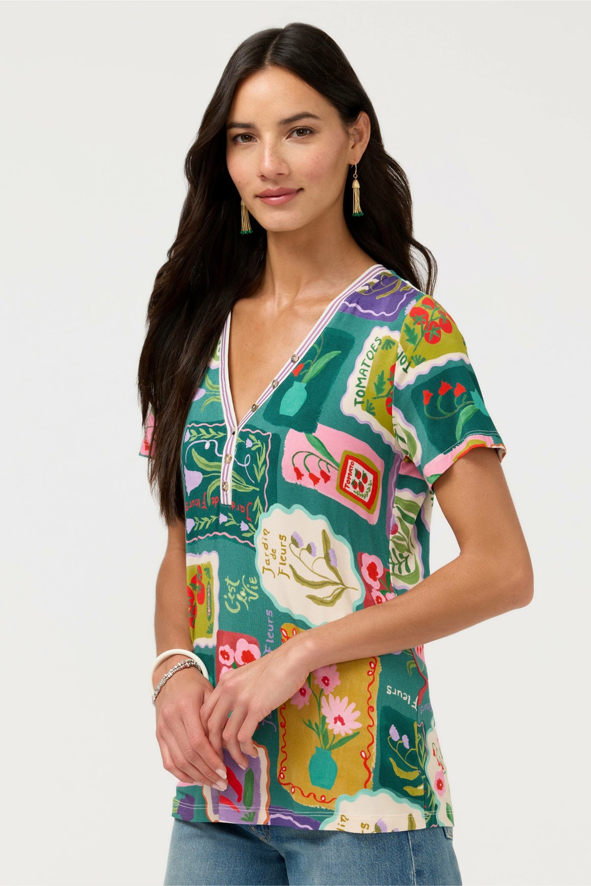 THE JANIE FAVORITE SHORT SLEEVE HENLEY TEE - Johnny Was New