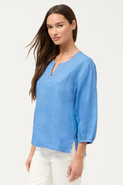 SPLIT NECK LINEN BLOUSE - Johnny Was Signature