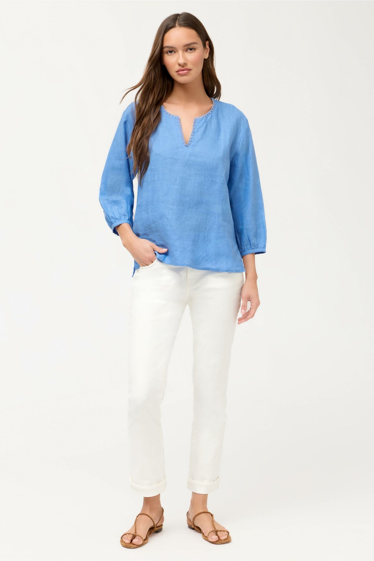 SPLIT NECK LINEN BLOUSE - Johnny Was Signature