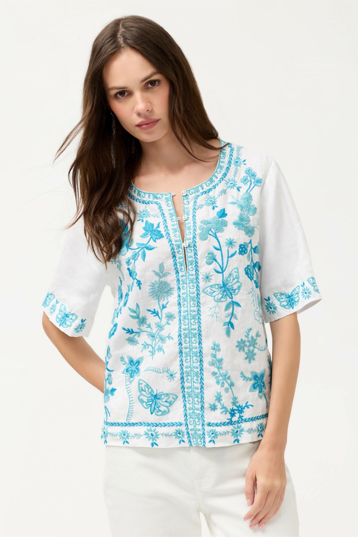 FIONA SPLIT NECK LINEN BLOUSE - Johnny Was Trending