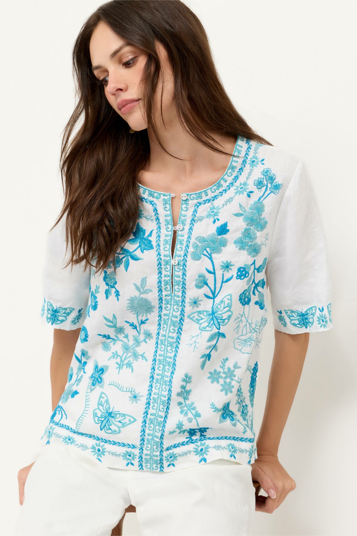 FIONA SPLIT NECK LINEN BLOUSE - Johnny Was Trending
