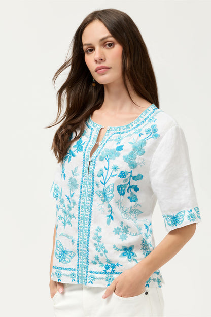 FIONA SPLIT NECK LINEN BLOUSE - Johnny Was Trending