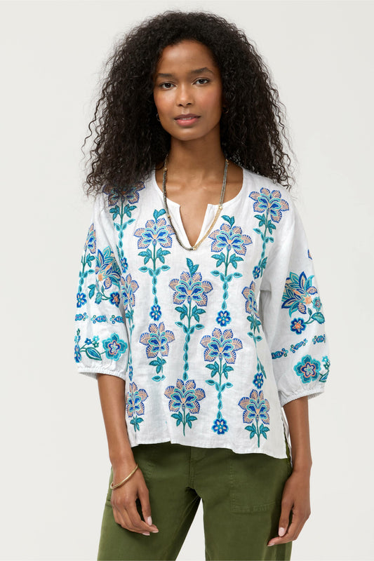 SPLIT NECK LINEN BLOUSE - Johnny Was Recommended