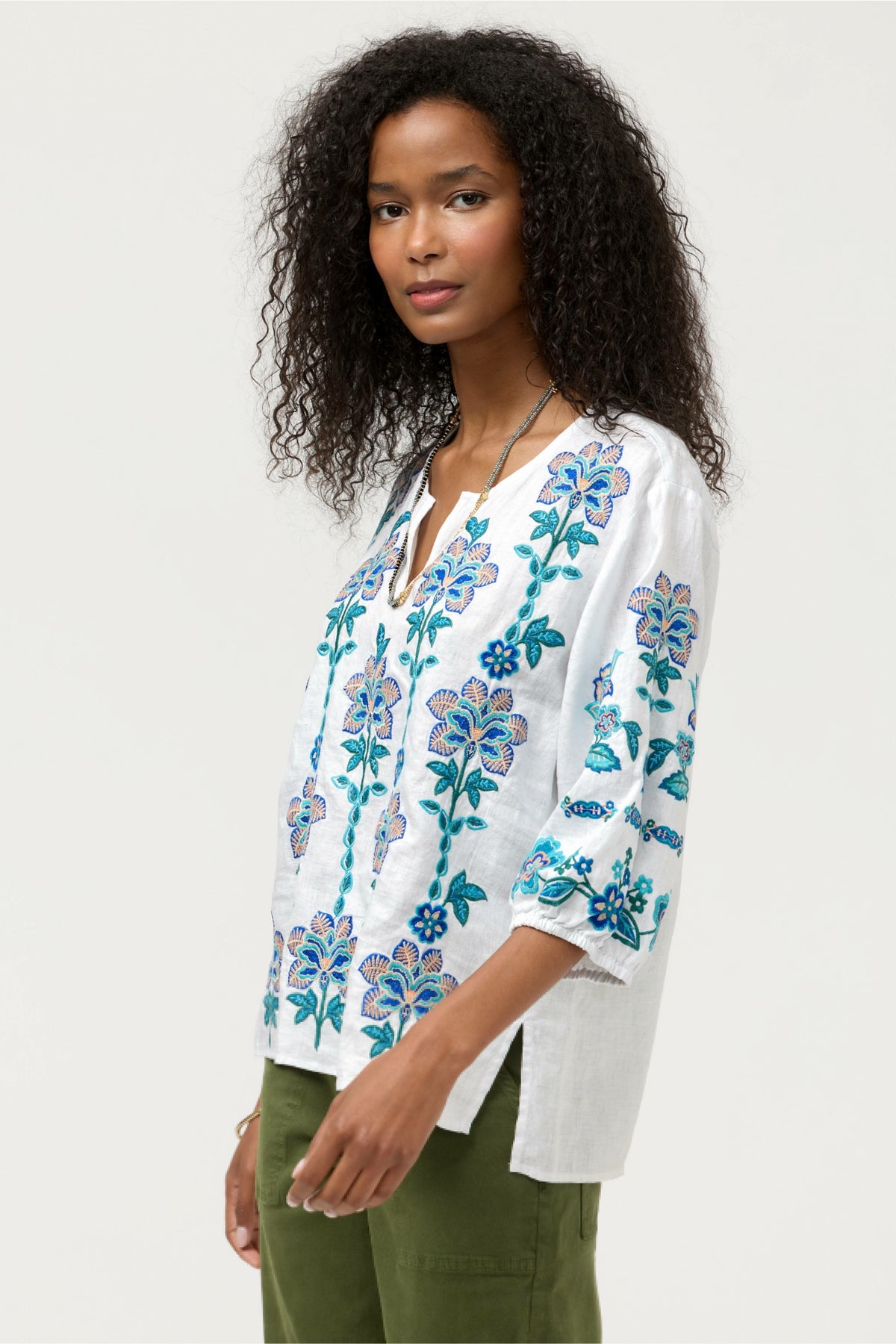 SPLIT NECK LINEN BLOUSE - Johnny Was Recommended