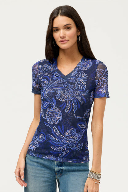 SHORT SLEEVE MESH V-NECK TEE - Johnny Was Signature