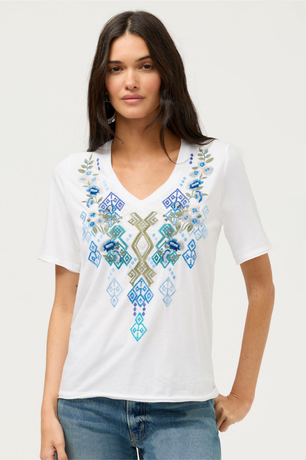 RAW HEM V-NECK TEE - Johnny Was Trending