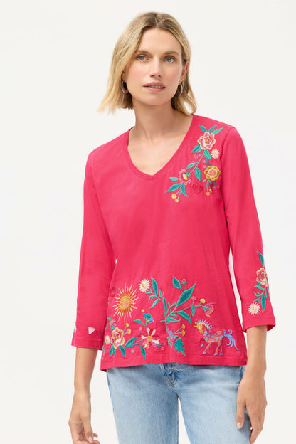 3/4 SLEEVE TRAPUNTO V-NECK TEE - Johnny Was Best Seller