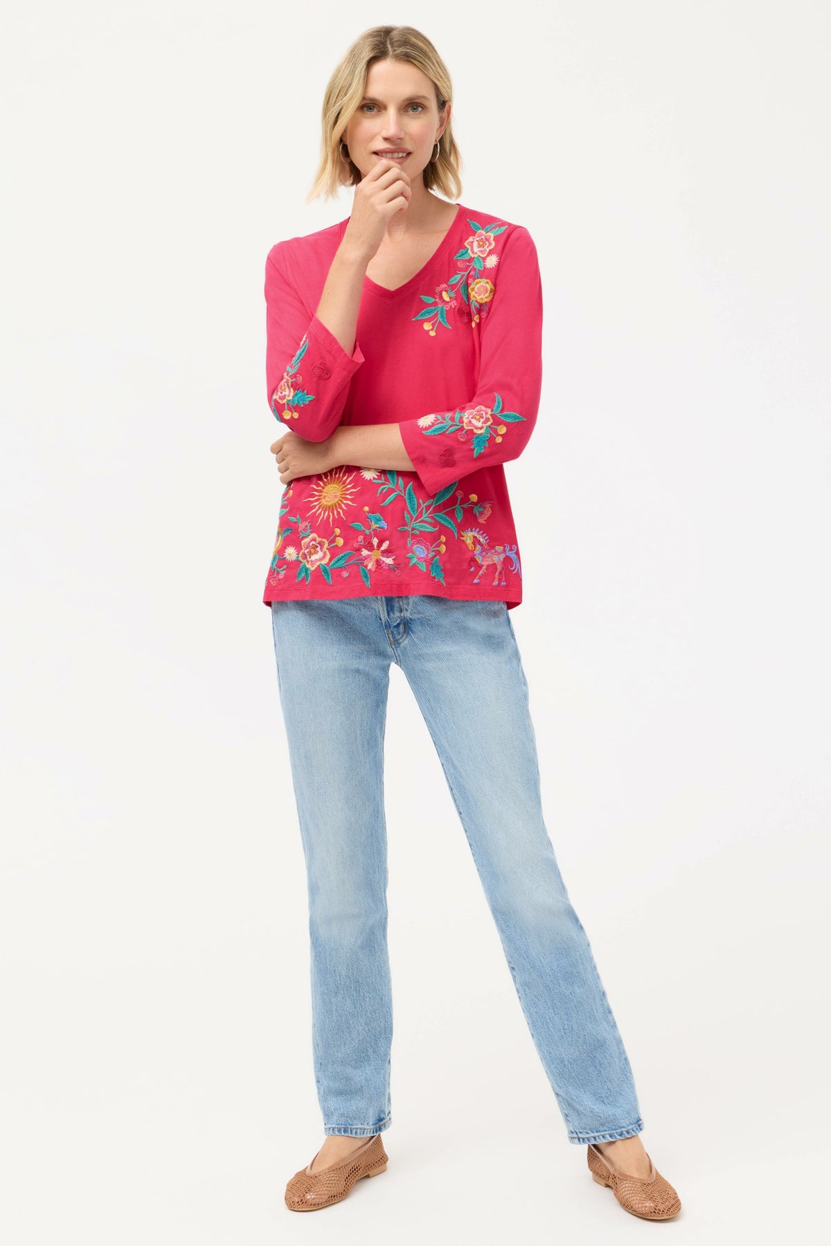 3/4 SLEEVE TRAPUNTO V-NECK TEE - Johnny Was Best Seller