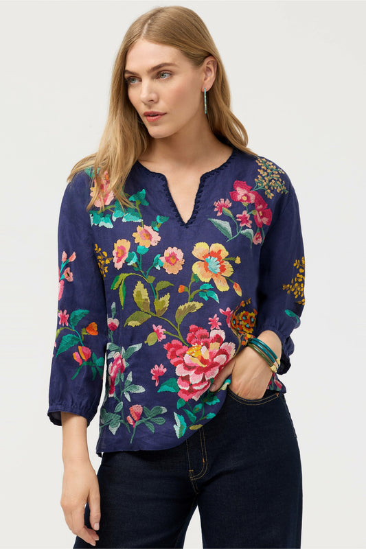 SPLIT NECK LINEN BLOUSE - Johnny Was Popular