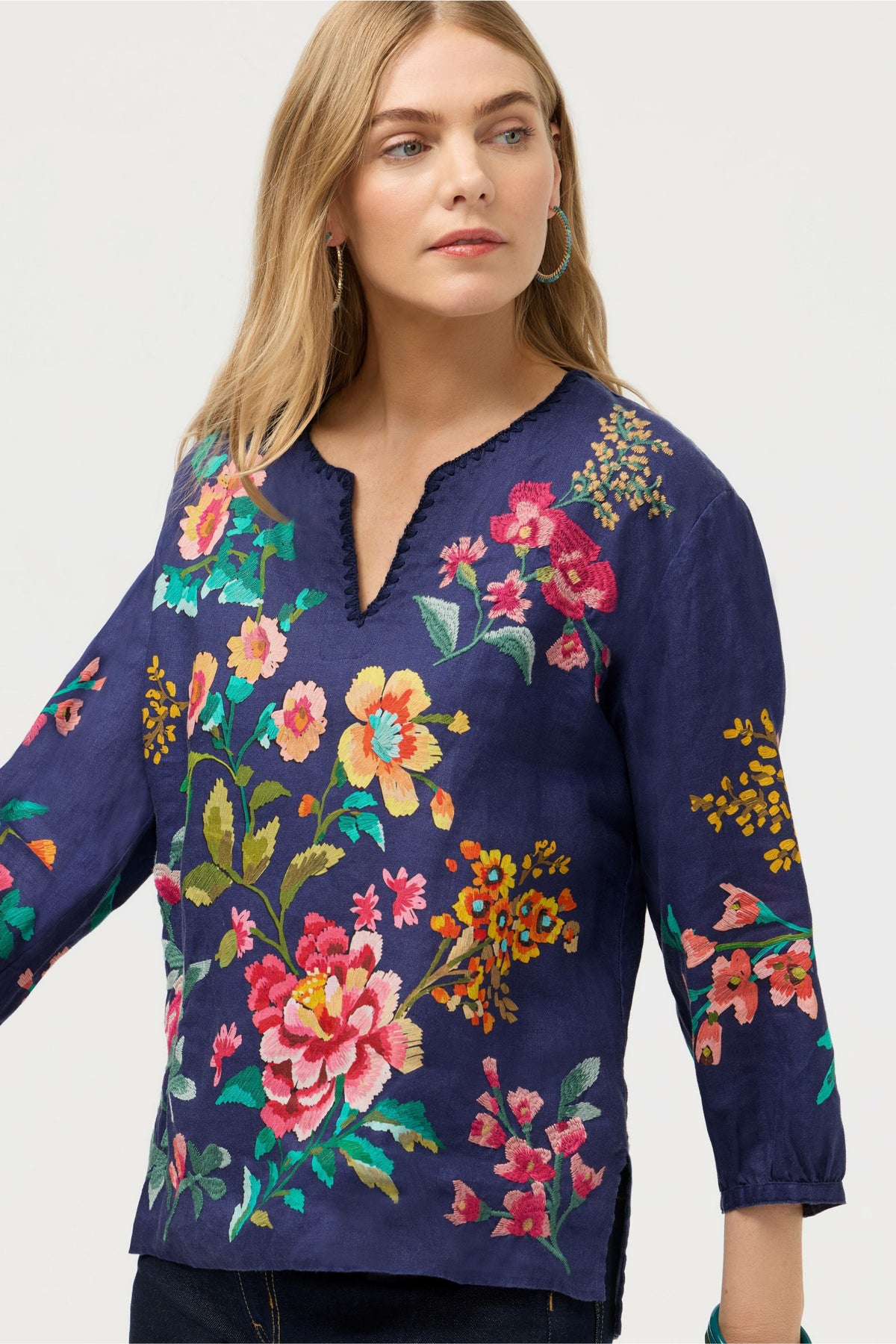SPLIT NECK LINEN BLOUSE - Johnny Was Popular