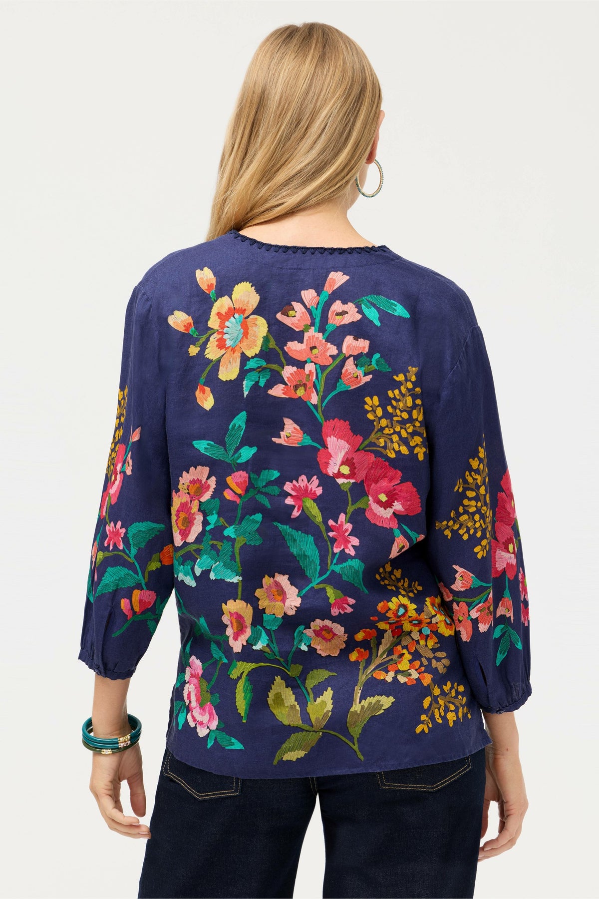 SPLIT NECK LINEN BLOUSE - Johnny Was Popular