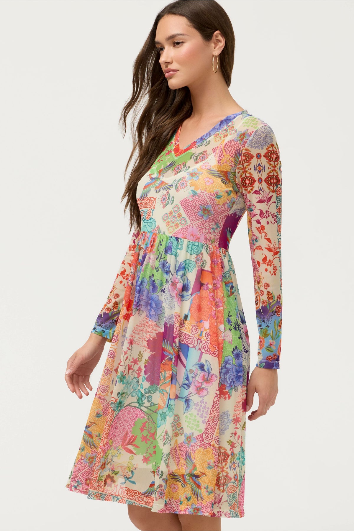 LONG SLEEVE V-NECK MESH SINGLE TIER DRESS - Johnny Was Exclusive