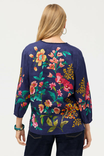 SPLIT NECK LINEN BLOUSE - Johnny Was Popular