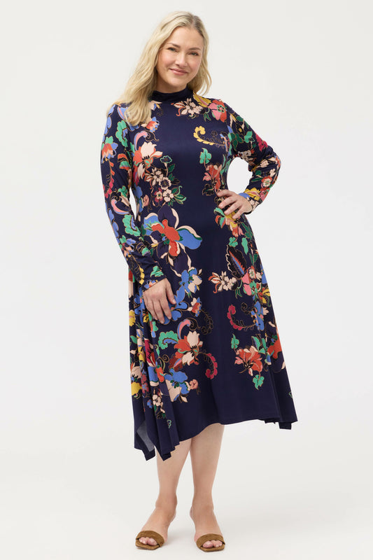 THE JANIE FAVORITE HANKERCHIEF HEM MOCK NECK DRESS - Johnny Was Signature