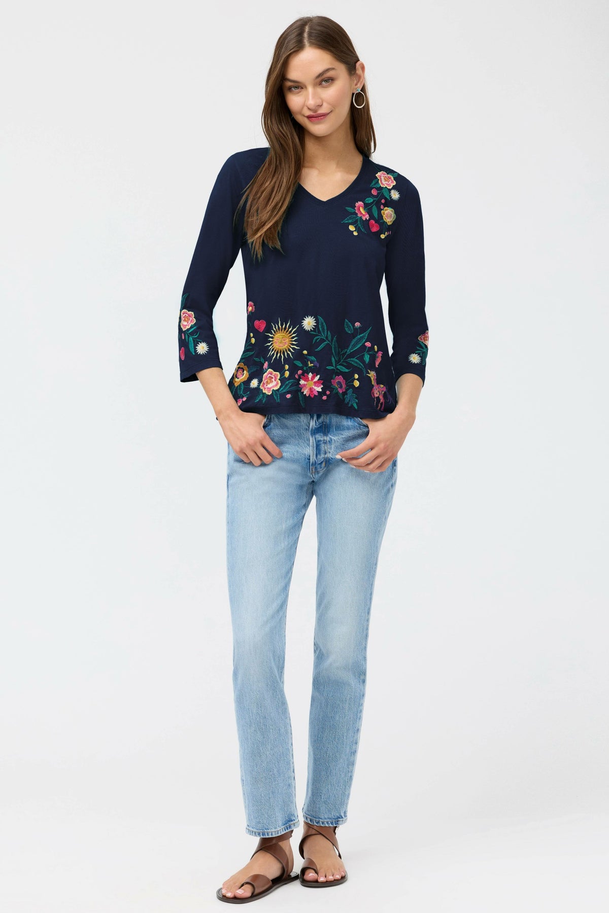 3/4 SLEEVE TRAPUNTO V-NECK TEE - Johnny Was Recommended